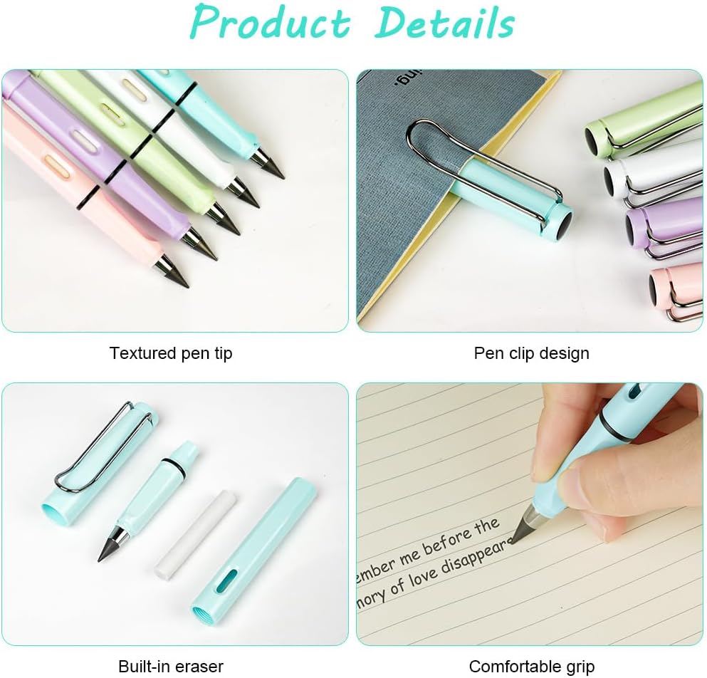 Ainiv Inkless Pencil with Eraser - 5 Sets Infinity Pencil, Reusable with Extra 5 Eraser & 5 Replaceable Nibs for Home, Office & School Writing, Drawing