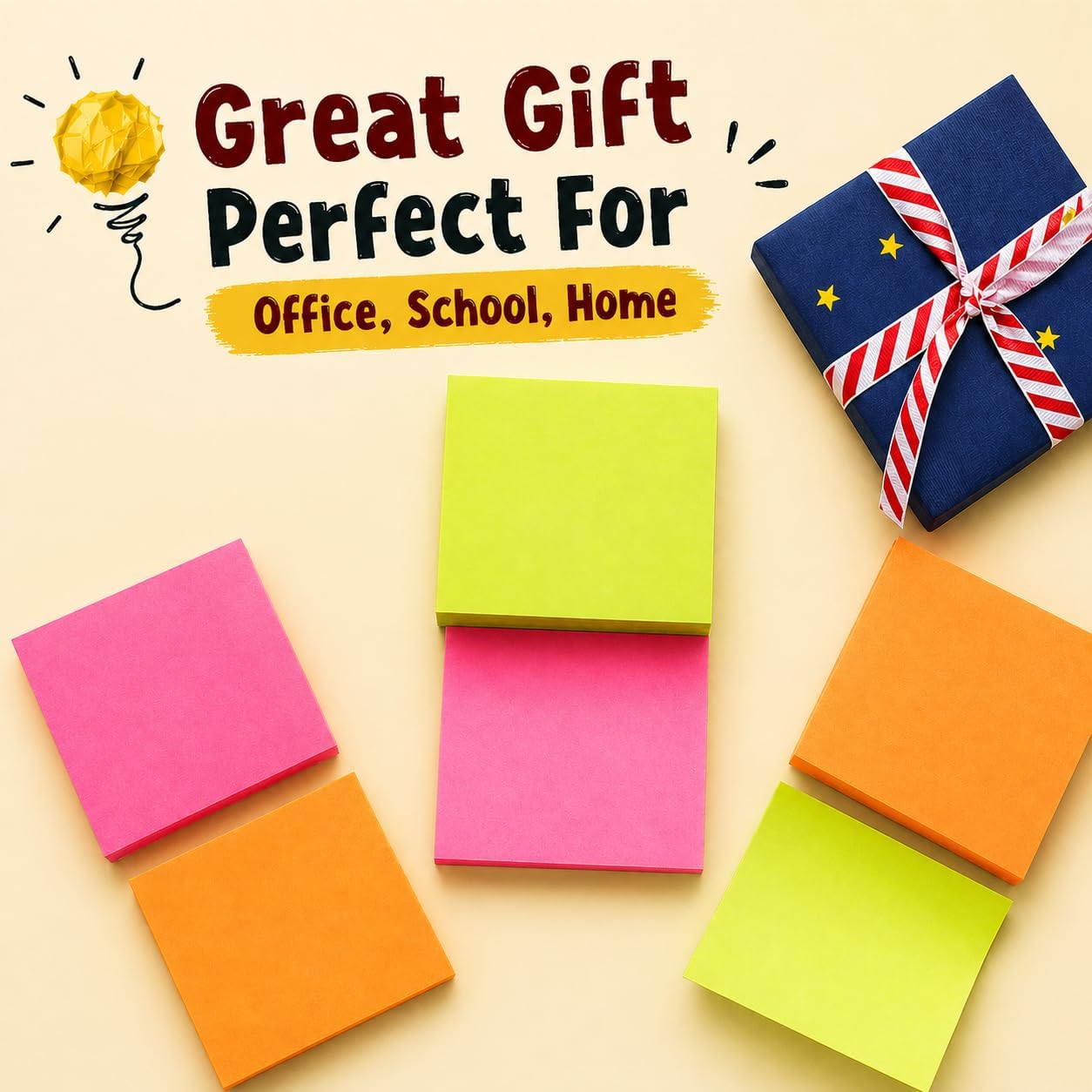 (24 Pads) Sticky Notes 3x3 in 100 Sheets/Pad, Self-Sticky Note Pads, 6 Bright Colors Super Sticky Pads - Easy to Post for School, Office Supplies, Desk Accessories