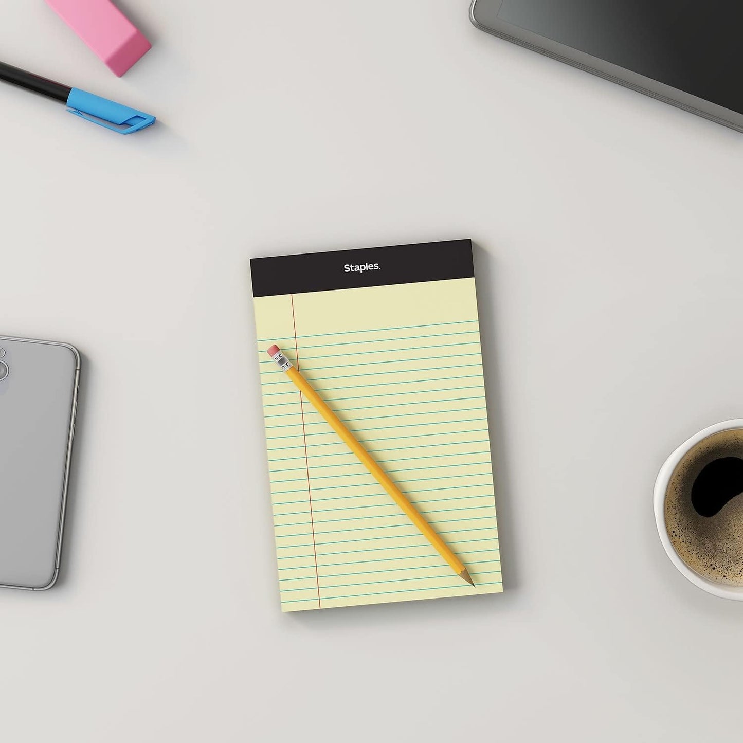 STAPLES Notepads, 5” x 8”, Narrow Ruled, White, 50 Sheets/Pad, 12‑Pack