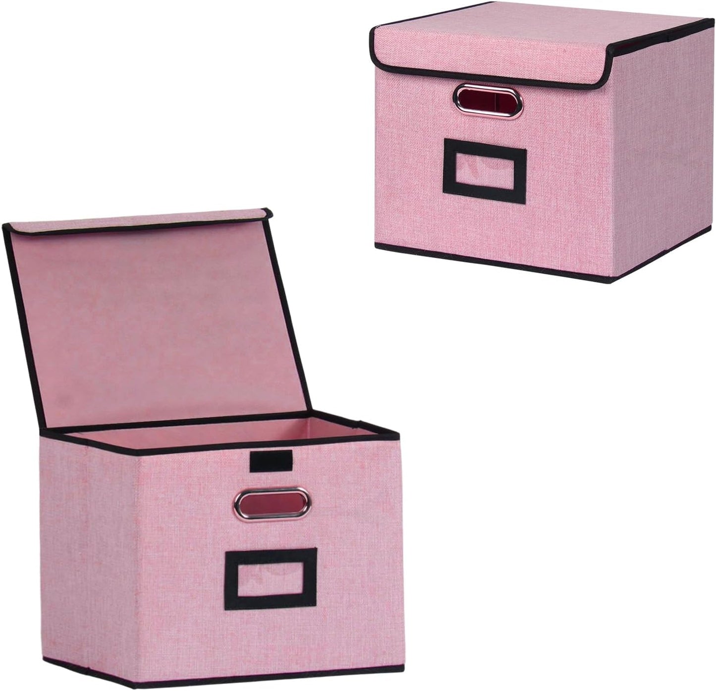 File Storage Box with Lid, 15.55x12.87x10.43 Inches, Foldable Organizer with Handles & Label Slot, for File Storage, Home, Office, and Closet Organization(Pink)
