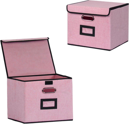 File Storage Box with Lid, 15.55x12.87x10.43 Inches, Foldable Organizer with Handles & Label Slot, for File Storage, Home, Office, and Closet Organization(Pink)
