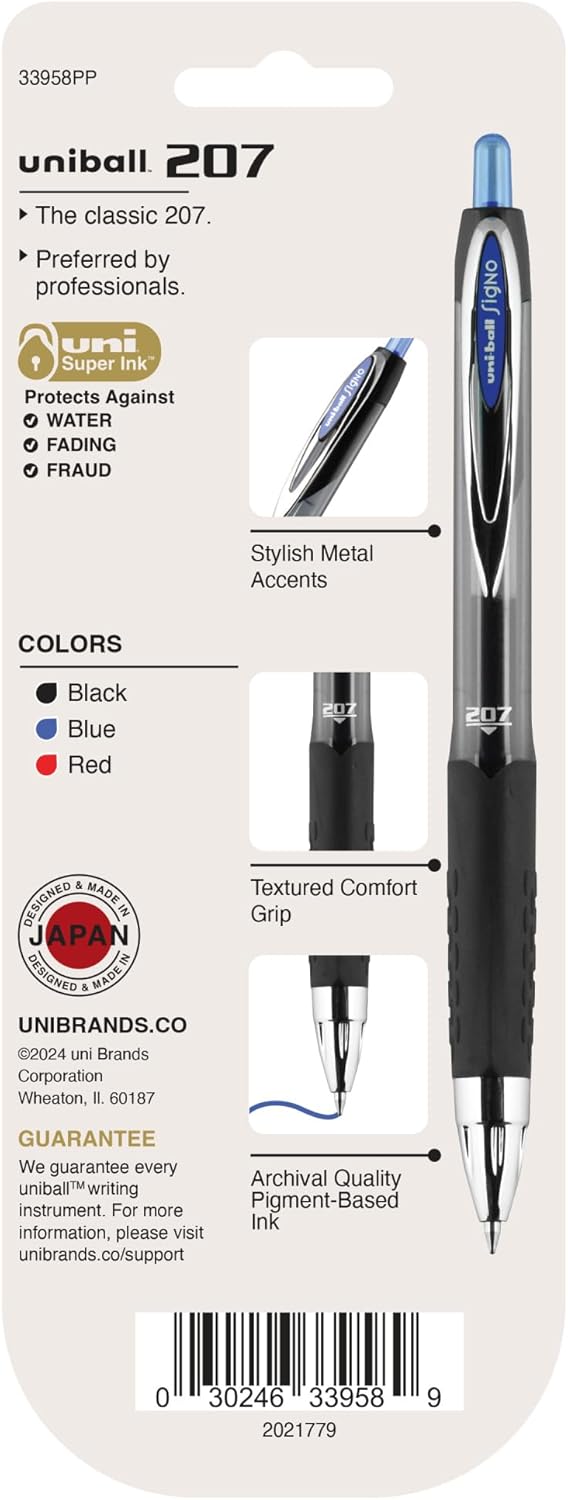 uniball 207 Plus+ Retractable Gel Pens, Medium Point (0.7mm), Black, 4 Pack