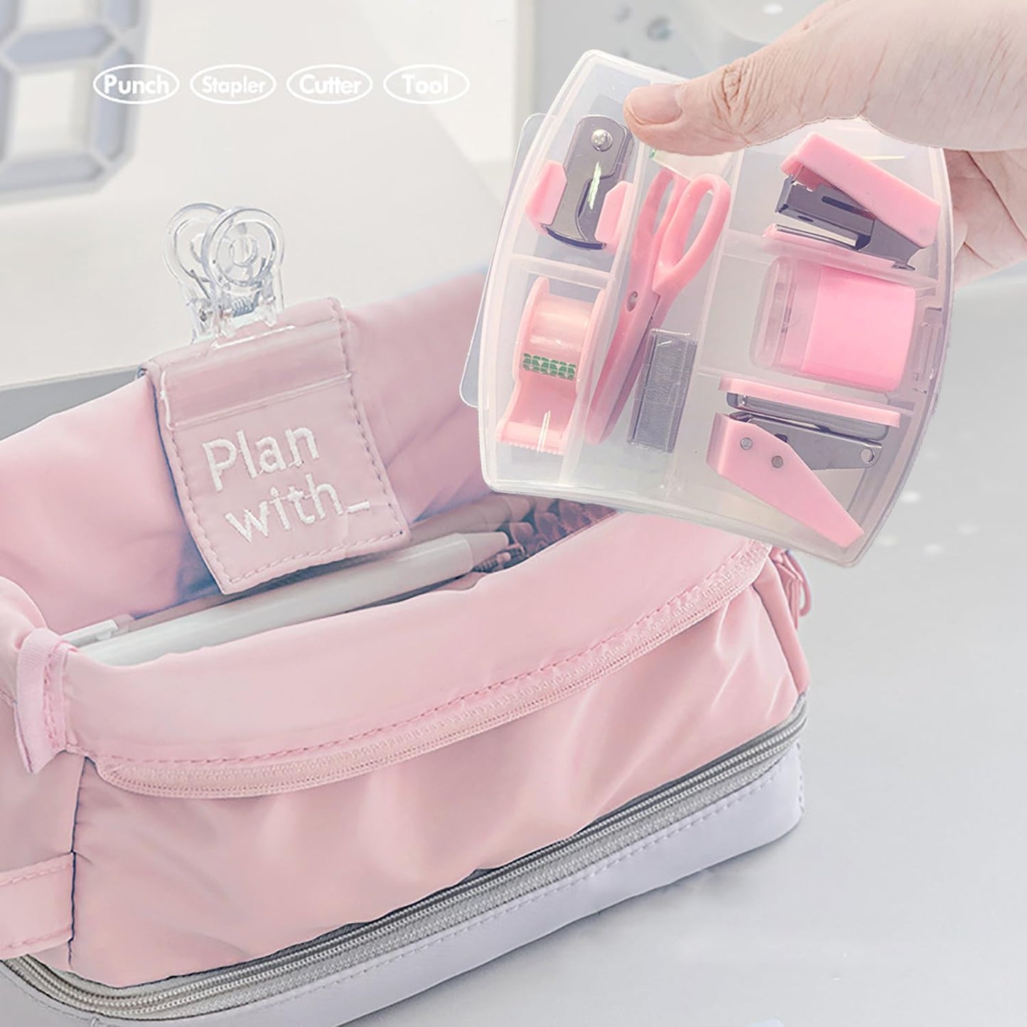 8 Pack Mini Office Supply Kit Portable Case with Scissors,Tape Dispenser Set, Punch,Pencil Sharpener, Mini Stapler with Staples and Staple Remover (Pink)
