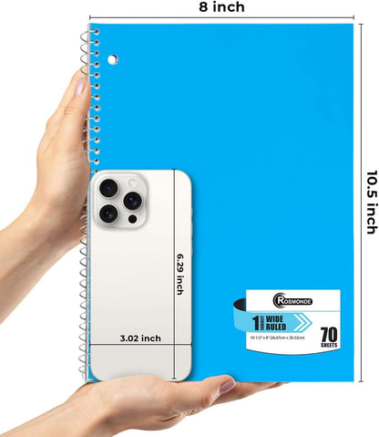 Rosmonde Spiral Notebooks, 24 Pack, 1 Subject Notebook, Wide Ruled, 70 Sheets, 8 x 10-1/2", 3 Hole Punched, School Supplies, Bulk Single Subject Spiral Notebook Bulk, Assorted Colors Pack of Notebooks