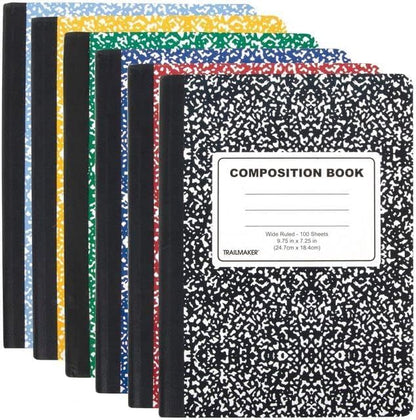 Trail maker Bulk Composition Notebooks Colored (50 Pack), Wide Ruled Marble Cover, 200 Pages (100 Sheets), 9.75 x 7.5, Bulk School Supplies for Classroom, Office & School Donations
