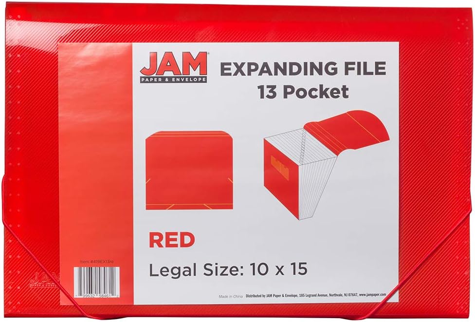 JAM Paper Accordion Folders - 13 Pocket Plastic Expanding File - Legal Size - 10 x 15 - Red - Sold Individually