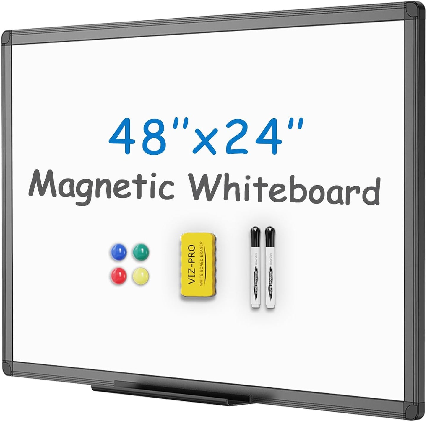 VIZ-PRO Magnetic Dry Erase White Board, 36 X 24 Inches, Black Aluminium Frame