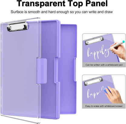 Piasoenc Clipboard with Storage, 8.5 x 11 Clip Boards with 2 Storage Case and A4 Paper Folder, Clear Dry Erase Top Panel, Heavy Duty Plastic, Folio & Side Opening, for Nurses, Teachers, Lawers,Black