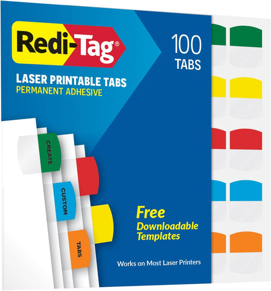 Redi-Tag Laser Printable Tabs, Permanent Index Tabs, Customizable Adhesive Labels, Assorted Primary Colors, 1.125" x 1.25", 375 Per Pack (1006556)