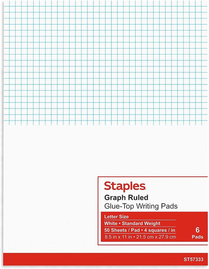STAPLES Graph Pads, 8.5” x 11”, Graph Ruled, White, 50 Sheets/Pad, 6‑Pack