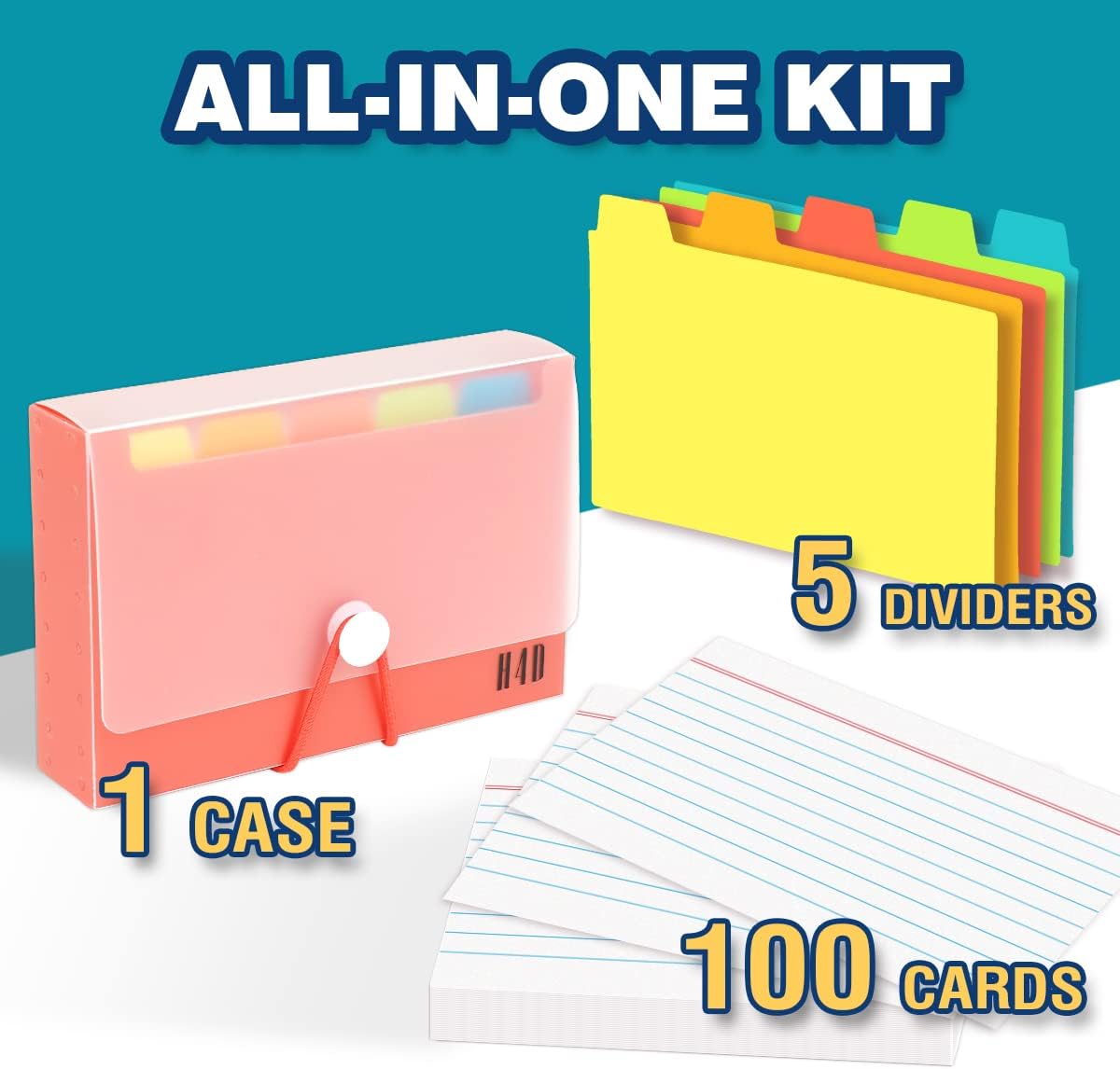 H4D 3x5 Index Card Case with 100 Heavyweight Ruled Index Cards and Dividers, Black