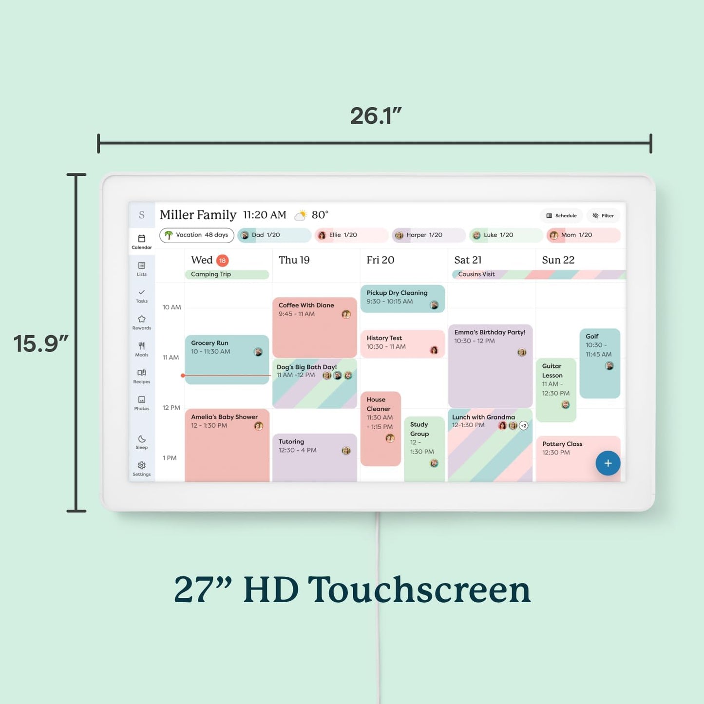 Skylight Calendar Max: 27-Inch Smart Digital Calendar & Chore Chart, Family Organizer with Interactive Touchscreen Display – Wall Mountable in Portrait or Landscape, Classic White Frame