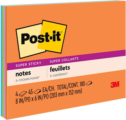 Post-it Super Sticky Lined Notes, 4 Sticky Note Pads, 8 x 6 in., School Supplies, Office Products, Sticky Notes for Vertical Surfaces, Monitors, Walls and Windows, Energy Boost Collection
