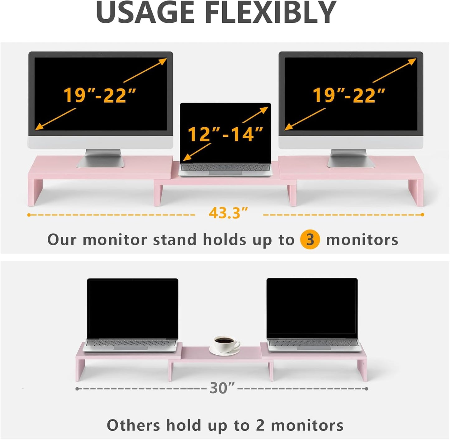 TAVR Dual Monitor Stand Riser Office Desktop Organizer Stand for 2 Monitors, Adjustable Length and Angle 3 Shelf, Extra Long Multifunctional Wooden Stand up to 43.3" fit Computer, Laptop, TV, Black