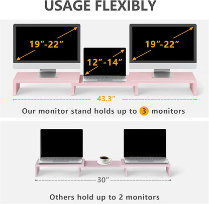TAVR Dual Monitor Stand Riser Office Desktop Organizer Stand for 2 Monitors, Adjustable Length and Angle 3 Shelf, Extra Long Multifunctional Wooden Stand up to 43.3" fit Computer, Laptop, TV, Black