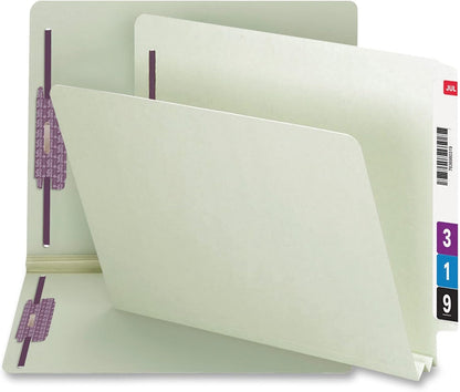 Smead End Tab Pressboard Fastener File Folder with SafeSHIELD Fasteners, 2 Fasteners, 1" Expansion, Letter Size, Gray/Green, 25 per Box (34705)