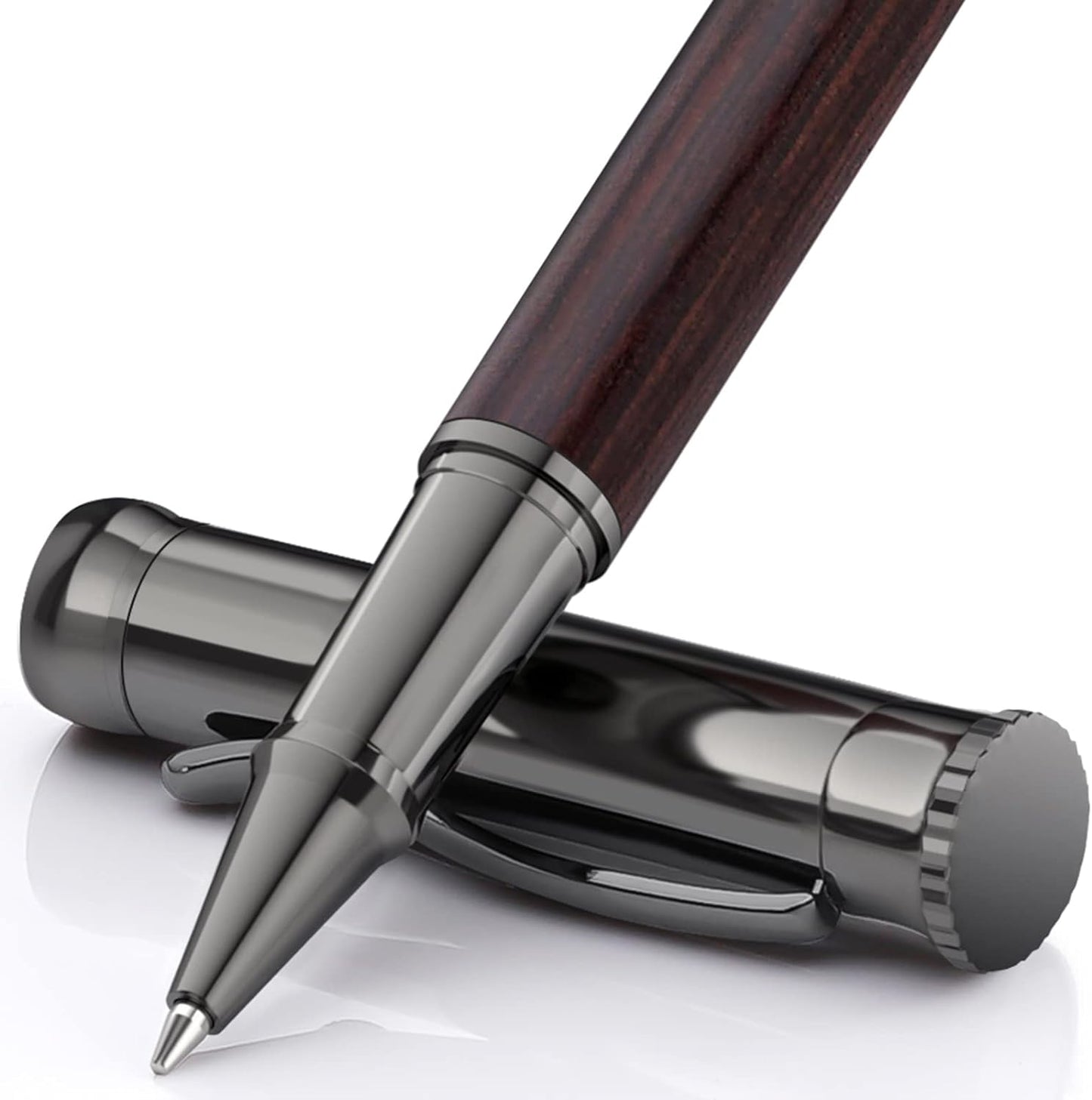 WEMATE Wood Rollerball Pen Set, Extra 2 Ink Refills(1 Black & 1 Blue), Fancy Writing Pen Nice Luxury Office Gift for Men, Professional and Executive, Cool Wooden Pen for Journaling - Red Padouk