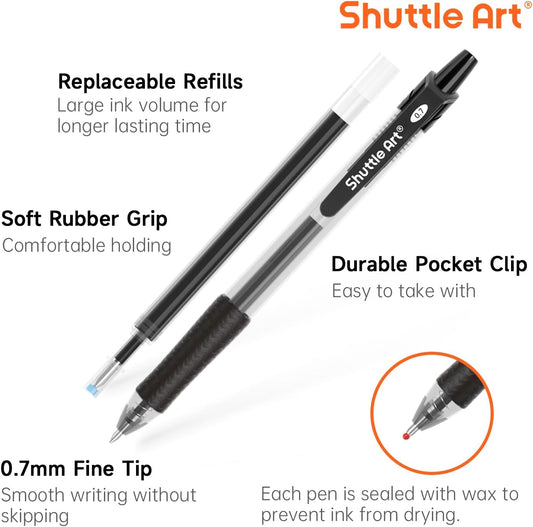 Shuttle Art Black Gel Pens, 48 Pack(20 Pens with 28 Refills) Retractable Medium Point Rollerball Gel Ink Pens Smooth Writing with Comfortable Grip for Office School Home Work