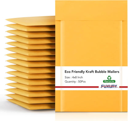 Fuxury Kraft Bubble Mailer 4x8” 50Pack Padded Envelopes Usable Size 4x7" Strong Adhesion Thick Bubble Envelopes Waterproof Cushioned Bubble Mailers Packaging for Small Business #000 Yellow
