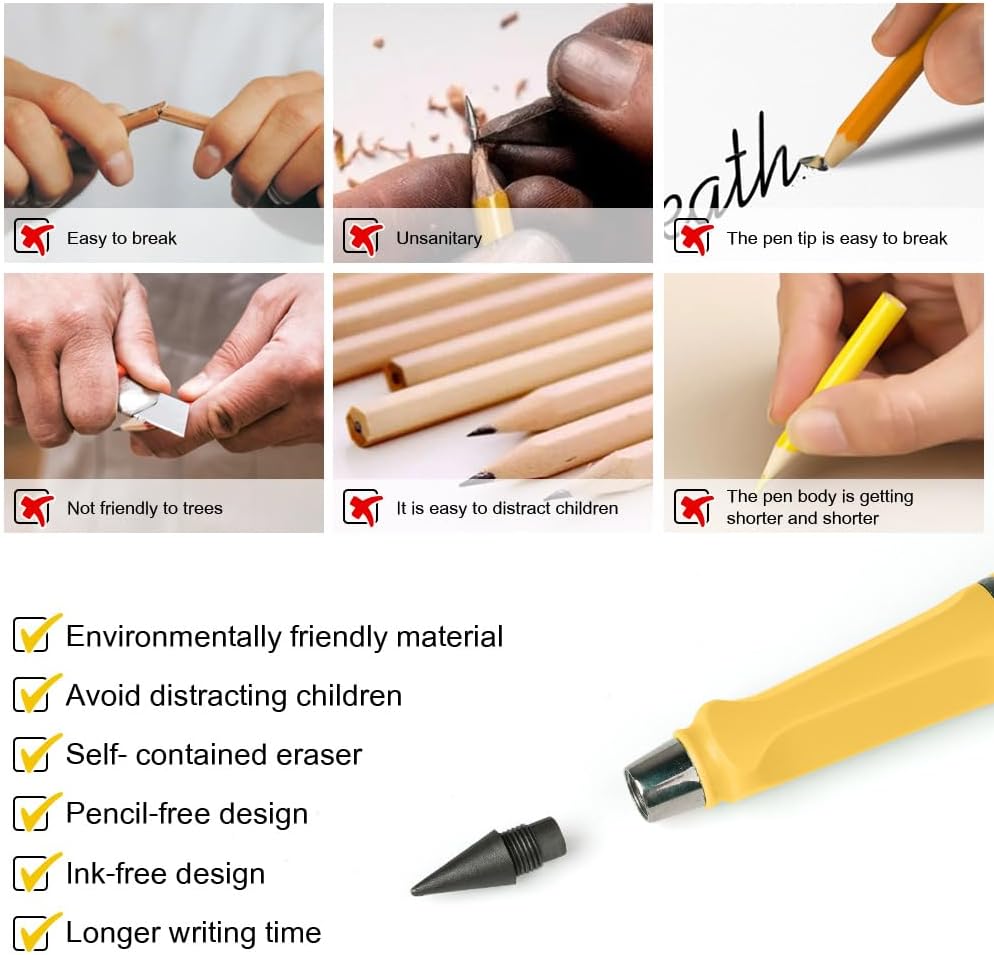 Ainiv Inkless Pencil with Eraser - 5 Sets Infinity Pencil, Reusable with Extra 5 Eraser & 5 Replaceable Nibs for Home, Office & School Writing, Drawing