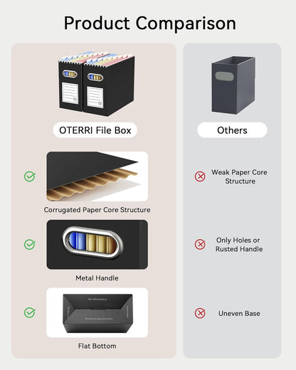 Oterri File Organizer Box, Portable Collapsible Cardboard File Folder Organizer with Handle for Letter Size Hanging Files, Document Storage Box for Home Office & Classroom (4 Packs, Black)