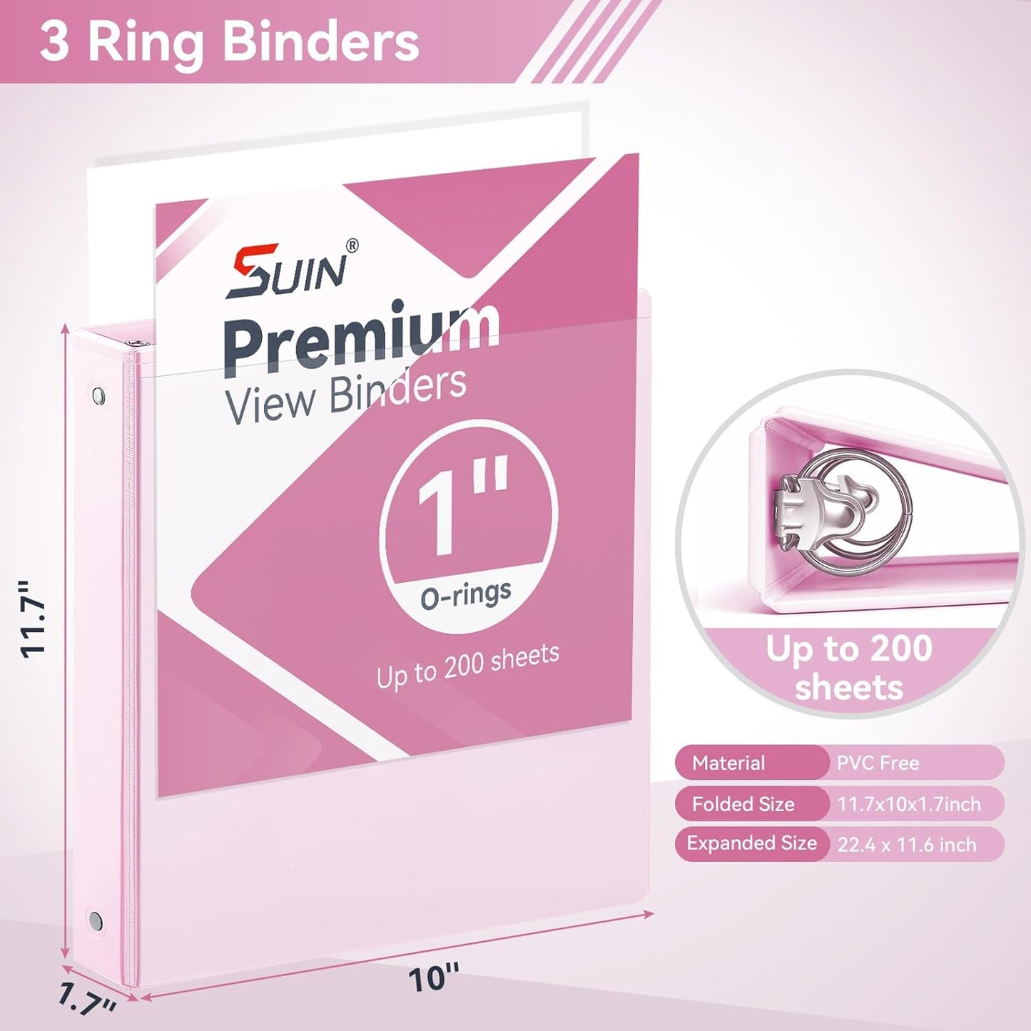 SUIN 1 Inch 3 Ring Binder, Clear 1'' View Presentation Binders with 2 Pockets, Fits 8.5 x 11 Letter Size, Durable Polypropylene, Non-Stick & PVC-Free for School, Office & Home (Orange)