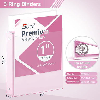 SUIN 1 Inch 3 Ring Binder, Clear 1'' View Presentation Binders with 2 Pockets, Fits 8.5 x 11 Letter Size, Durable Polypropylene, Non-Stick & PVC-Free for School, Office & Home (Orange)