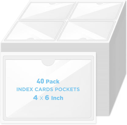 56 Pack Clear Self-Adhesive Pockets, 3" x 5" Index Card Pockets with Top Open Loading, PVC Label Holders for Organizing Storage Bins, Library Card, Drawer, and Protecting Your Cards