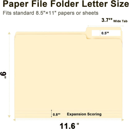 RAZCC File Folders, 100-Pack, 1/3 Cut, Letter Size, Yellow, Great for Organizing and Easy File Storage
