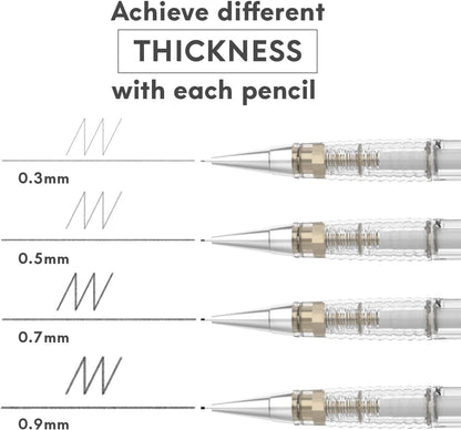 Mozart Essential Set of Lead Refills - 4 Sizes: 0.3, 0.5, 0.7 & 0.9 mm with 100 HB Lead Refills for Each - for Sketch, Architecture, Drafting, Art, Drawing Supplies, Metal Mechanical Pencils