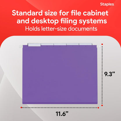 Staples Hanging File Folders, Letter Size, Blue, 5‑Tab, 1/5‑Cut Tabs, Includes Tabs & Inserts – 25/Pack