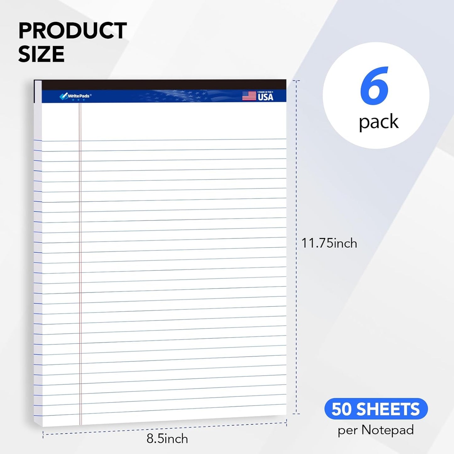 6 Pack Legal Note Pads Wide Ruled 8.5" x 11" Writing Pads (50 Sheets/Pad) White Recycled Paper Micro-Perforated Notepad Hard Back Notepads for Office & School Supplies - Made in USA
