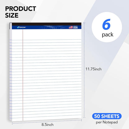 6 Pack Legal Note Pads Wide Ruled 8.5" x 11" Writing Pads (50 Sheets/Pad) White Recycled Paper Micro-Perforated Notepad Hard Back Notepads for Office & School Supplies - Made in USA