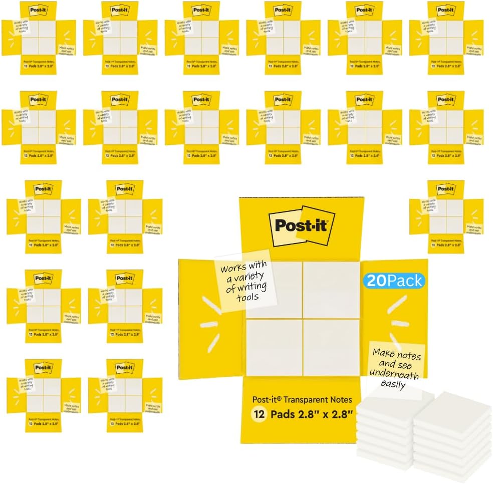 Post-it Transparent Notes, 2.8 in. x 2.8 in., Blue, Pink, Green and Orange Sticky Notes, School Supplies, Office Products, Great for Studying, 8 Pads