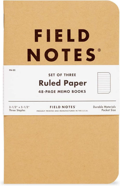 Field Notes: Original Kraft 3-Pack - Mixed Paper (1 Graph/Grid, 1 Ruled/Lined, 1 Plain/Blank) Memo Books - 48 Page Pocket Notebooks - 3.5" x 5.5"