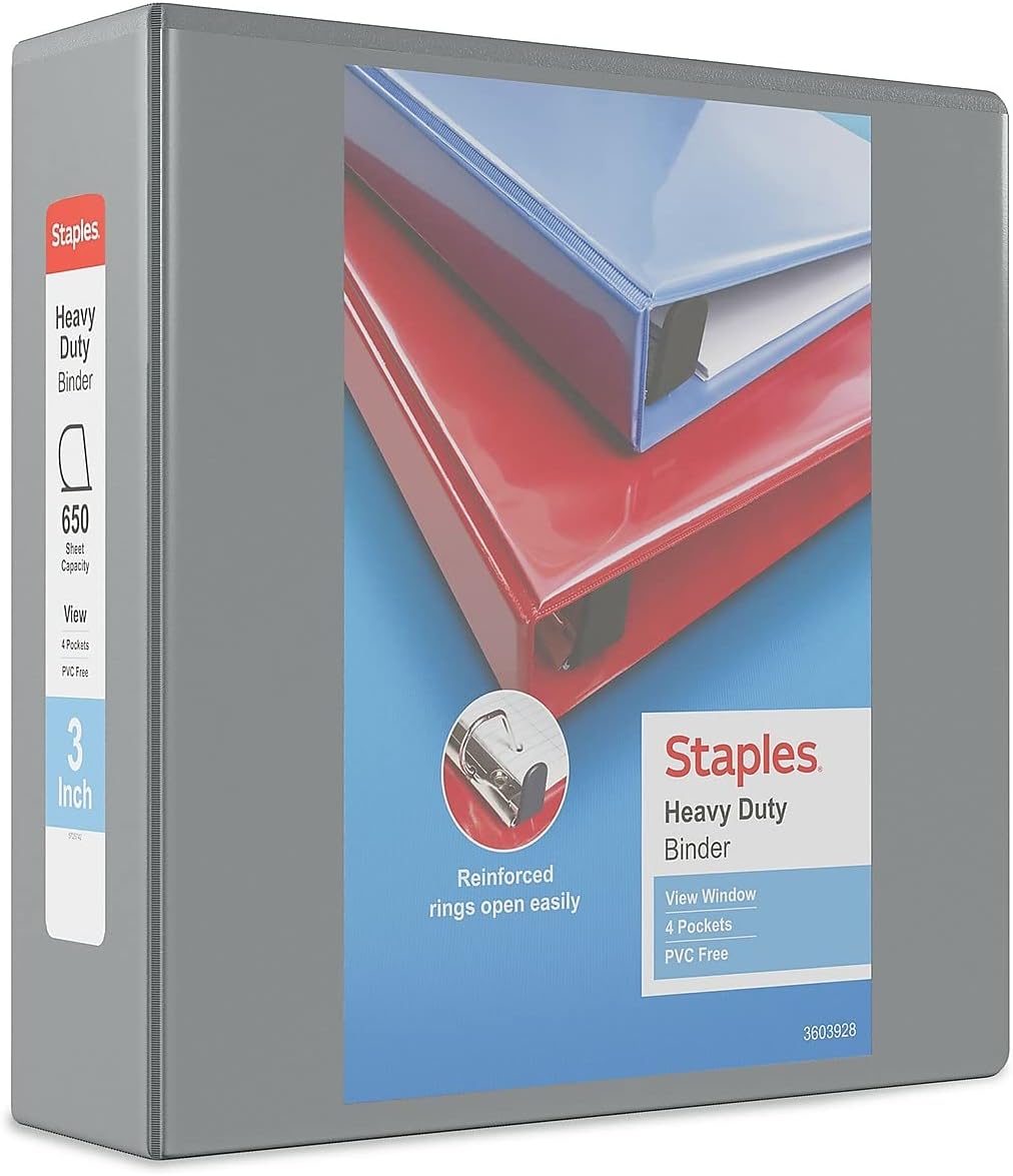 Staples Heavy-Duty 2-Inch D-Ring View Binder, Reinforced Spine, Holds Up to 450 Sheets, Gray, for Office & School