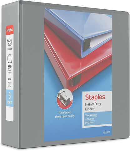 Staples Heavy-Duty 2-Inch D-Ring View Binder, Reinforced Spine, Holds Up to 450 Sheets, Gray, for Office & School