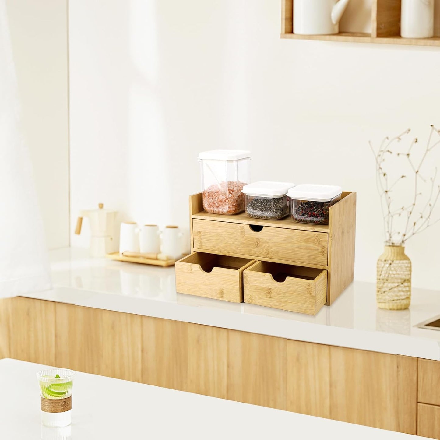 Charmewooden Bamboo Desk Organizer With Drawers Countertop Drawers Counter Storage Box Corner Desk Organizer for Home Office No Assembly Required (3 Drawers)