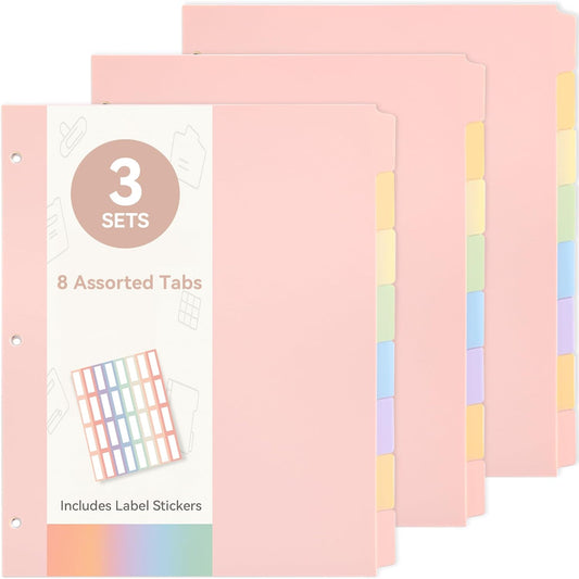 SortRax 24 Plastic Binder Dividers with 8 Tabs – 3 Sets of Pastel Dividers for 3 Ring Binder, with Colorful Stickers, Letter Size