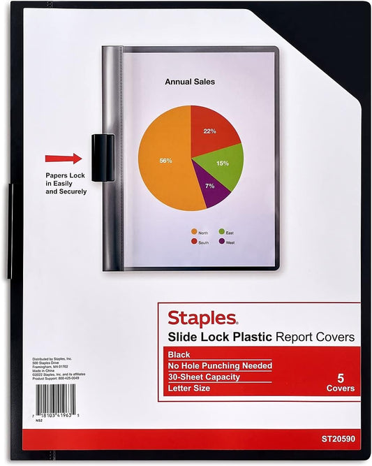 Staples Slide Locking Report Covers, Letter Size Presentation Covers with Secure Spine, Black, 15‑Pack
