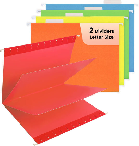20 Pack Colored Hanging File Folders with 2 Dividers Letter Size, 5 Color Assorted, Goefun Classification Folders for Drawer, Cabinet, with 1/5-Cut Adjustable Tabs (No Built-in Tab on Divider)