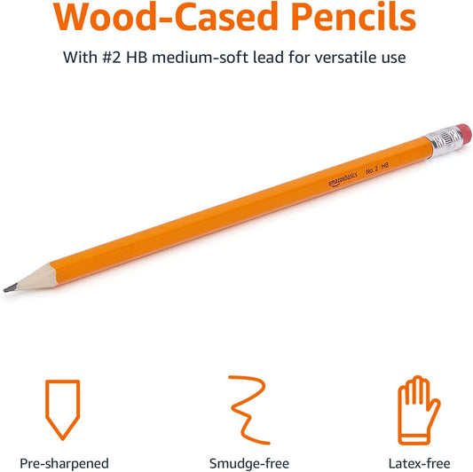 Amazon Basics Wood-Cased #2 Pencils for Writing, Drawing and Sketching, Pre-sharpened, HB Soft Lead with Erasers, Teacher Supplies, 150 Count, Yellow