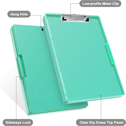 Piasoenc Clipboard with Storage, 8.5 x 11 Clip Boards with 2 Storage Case and A4 Paper Folder, Clear Dry Erase Top Panel, Heavy Duty Plastic, Folio & Side Opening, for Nurses, Teachers, Lawers,Black