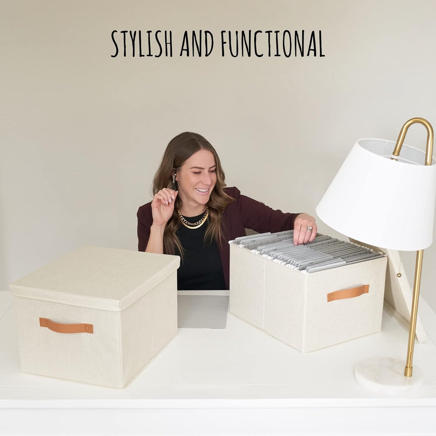 ZICOTO Decorative File Organizer Box Set of 2 - Collapsible Linen Filing Cabinets with Handles Are Perfect to Store All Your Documents & Hanging File Folders - Portable Easy Slide Crates with Lid