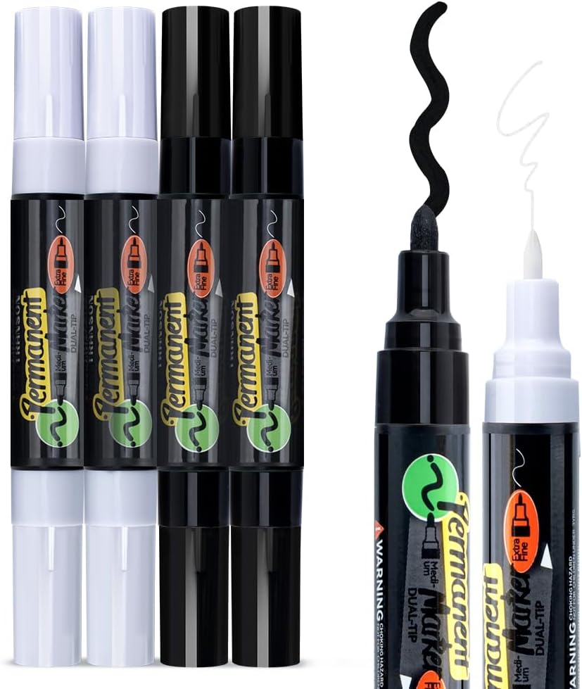 TRANSON Black and White Bold Tip and Extra Fine Tip Paint Markers Waterproof Oil Paint pen