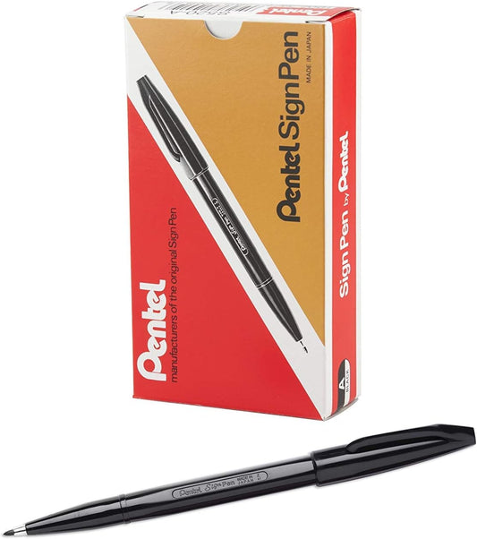 Pentel S520A Sign Pen Fine Point Color Marker, Bullet Tip, .7mm, Black Barrel/Ink, Dozen