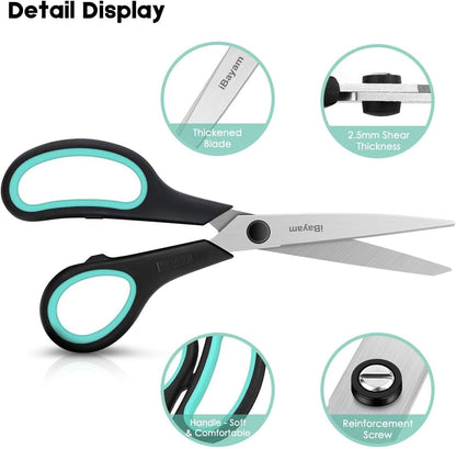 Scissors, iBayam 8" All Purpose Scissors Bulk 3-Pack, Ultra Sharp 2.5mm Thick Blade Shears Comfort-Grip for Aesthetic Fun Cute School Office Teacher Desk Crafts and Art Supplies Accessories Essential
