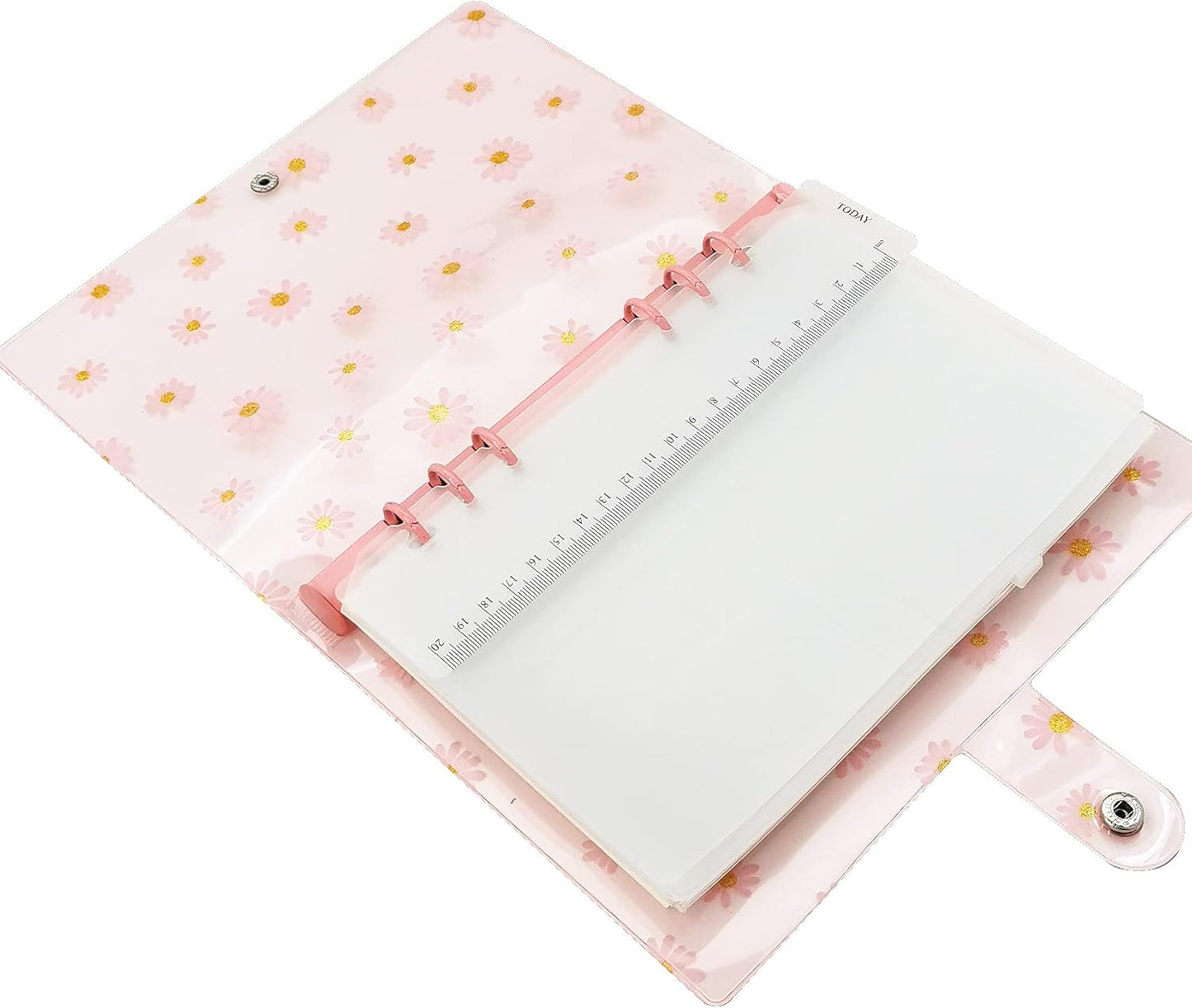 A6 A5 6-Holes Colorful PVC Cover Round Ring View Binder with Snap Button Closure File Folder for Loose Leaf Sheet Protectors Notebook Refill (Pink Daisy, A5 Mini Set) - Colors A
