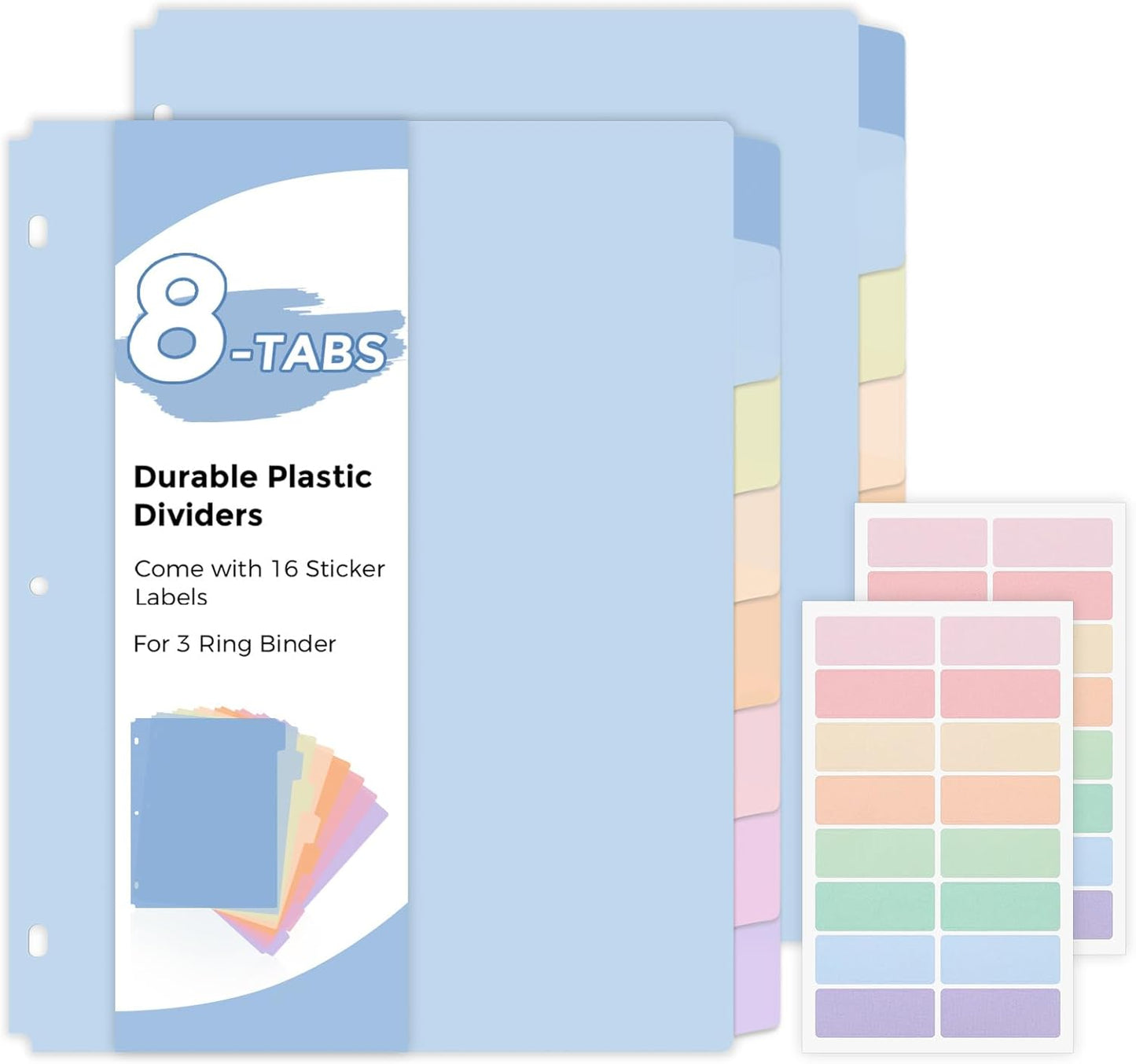 SKYDUE 8 Tab Durable Plastic Dividers, Big Tab Dividers for 3 Ring Binder, Letter Size,Write & Erase Binder Dividers with Tabs, with Sticker Labels, 1 Set, Aesthetic Pastels Binder Dividers