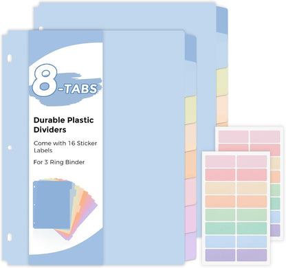 SKYDUE 8 Tab Durable Plastic Dividers, Big Tab Dividers for 3 Ring Binder, Letter Size,Write & Erase Binder Dividers with Tabs, with Sticker Labels, 1 Set, Aesthetic Pastels Binder Dividers